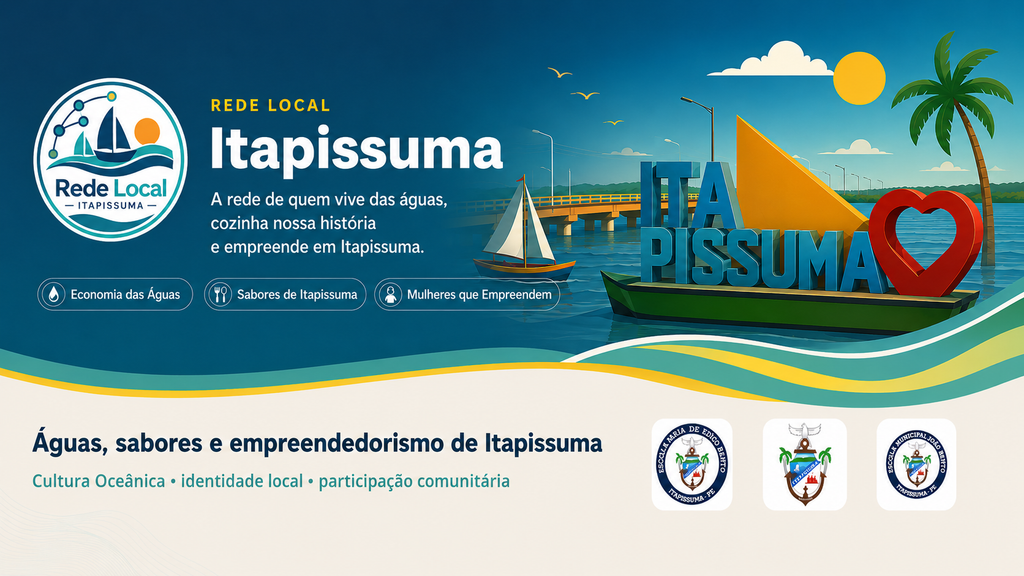 Banner da Rede Local com paisagem das águas, barcos, ponte, letreiro de Itapissuma, categorias do portal e marcas institucionais.